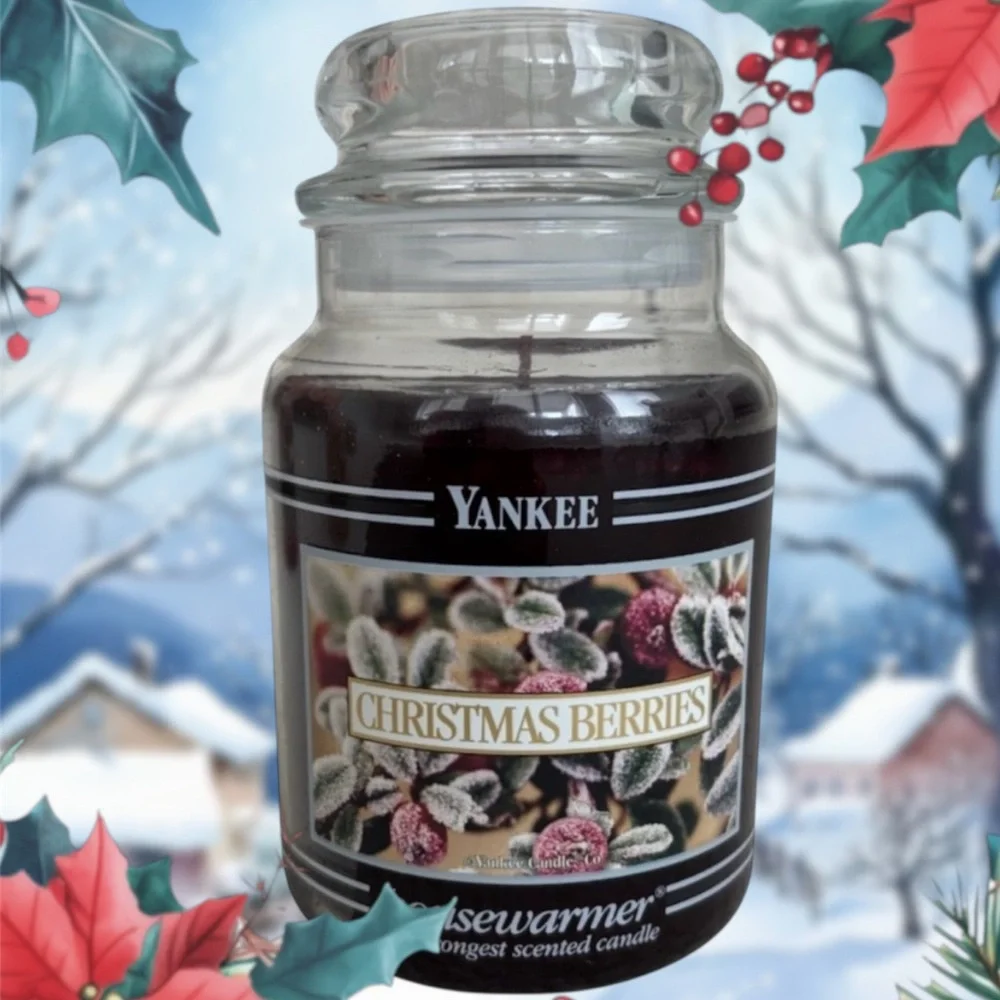 Yankee Candle Jar Christmas Berries Vintage Black Band Burgundy Deep Red 22 Oz